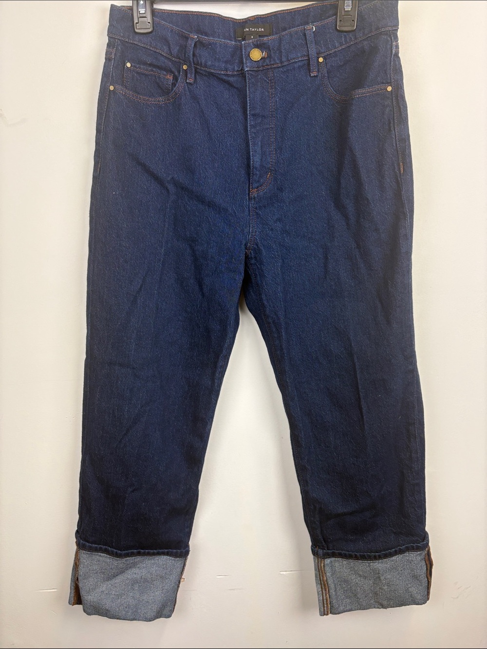 Ann Taylor Cropped Cuffed Straight Leg Jeans Dark Wash Size 8 High Rise